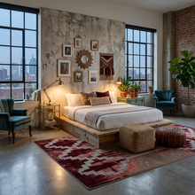 Load image into Gallery viewer, Modern bedroom with large windows, bed, and decorative elements.