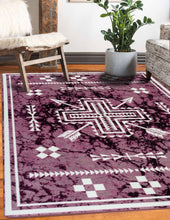 Load image into Gallery viewer, southwestern-inspired-purple-marble-arrows-area-rug-in-farmhouse-living-room-with-rustic-fur-chair
